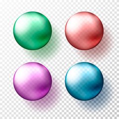 Four realistic transparent spheres or balls in different shades of metallic gteen, red, pink and blue color. Vector illustration eps10