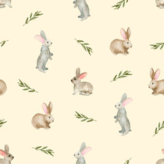 Seamless pattern with cute rabbits, Watercolor hand drawn