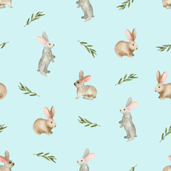 Seamless pattern with cute rabbits, Watercolor hand drawn