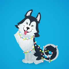 Husky dog sitting on blue background with garland of Christmas lights. Vector illustration