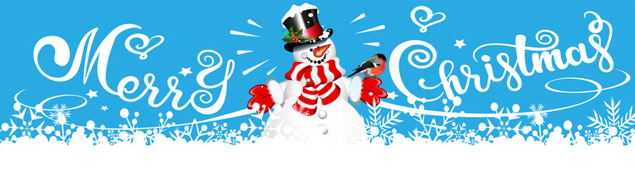 Christmas card with a Snowman and text Merry Christmas on a red background. Christmas card. Banner. Vector