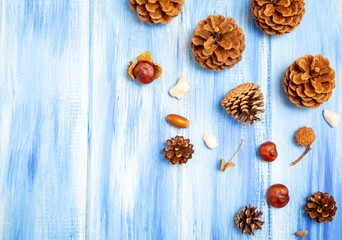 Brown cones on a blue background. New Year, Christmas and autumn background. Natural country style. Minimalism