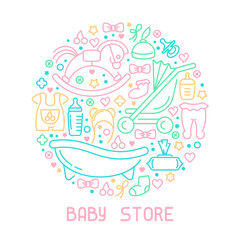 Baby accessories elements banner. Linear style vector illustration. Suitable for advertising or web
