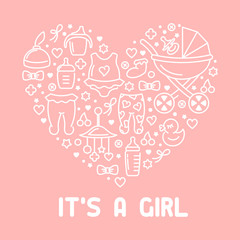 Baby accessories elements. It is a girl.  Linear style vector illustration. Suitable for congratulation or invitation card
