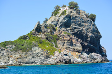 Church on top of the cliff Skopelos island Greece