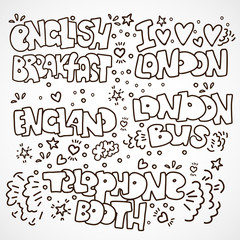 English traditional, travel landmarks and elements lettering. English bus, telephone booth, english breakfast, words I LOVE LONDON and ENGLAND - black and white lettering isolated on white