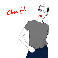 Fashion woman sketch. Hand drawn beautiful young chic girl in gray t shirt, blue jeans with red lips. Fashion model posing. Sketch. Vector illustration. Fashion, style, youth, beauty. Graphic, sketch