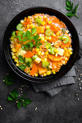 Healthy vegetarian vegetable soup with lentil and vegetables. Lentil soup with vegetables