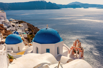 Santorini, Greece. Picturesque view of traditional cycladic Santorini's church on cliff