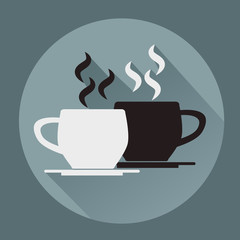 black and white cup of coffee in flat icon background.
