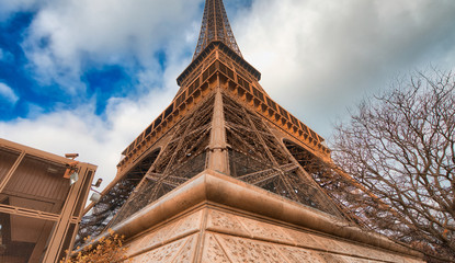 The Eiffel Tower, skyward view on a sunny winter day