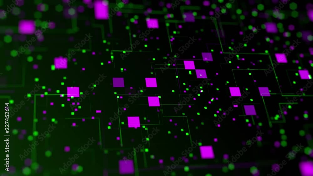 Poster abstract technological background of purple squares, green particles and lines flickering and appear