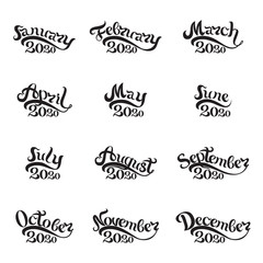 The names of all months 2020 written by hand. Lettering. Beautiful letters on white background. Isolated image for invitations, calendars, t-shirt prints