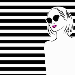 Woman in cat-eye sunglasses. Black strips on background. Vector image. Eps 10.
