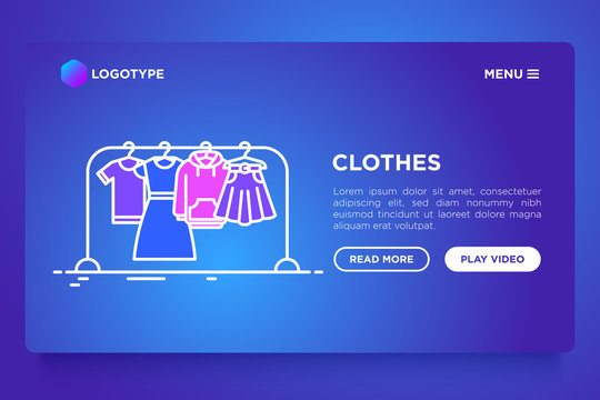 Fashion concept: clothing on the clothes rack with thin line icons: dress, skirt, hoodie, t-shirt. Modern vector illustration, web page template on gradient background.