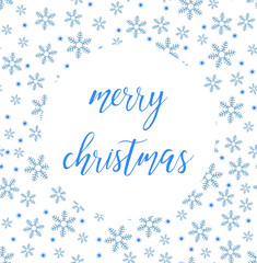 Vector blue Bright Merry Christmas brush lettering text on white background with snowflakes
