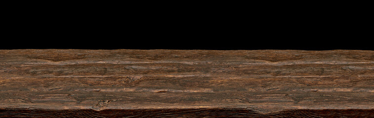 Perspective view of empty wooden table edge on black background