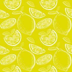Lemon seamless pattern. Ink sketch lemons. Citrus fruit background. Elements for menu, greeting cards, wrapping paper, cosmetics packaging, posters etc