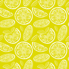 Lemon seamless pattern. Ink sketch lemons. Citrus fruit background. Elements for menu, greeting cards, wrapping paper, cosmetics packaging, posters etc