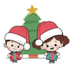 Niños con regalos y un arbol de Navidad