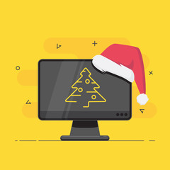 A computer or tv  with a Santa's hat and a Christmas tree on a yellow background.Vector illustration.