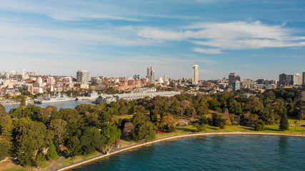 Sydney, Australia. Aerial view of City Harbour with buildings and bay