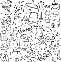 Shopping Woman Traditional Doodle Icons Sketch Hand Made Design Vector
