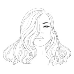 Hand draw fashion illustration of long volume ponytail for wedding or party. Long hair hairstyle. Hand drawn vector idea for business visit cards, templates, web, salon banners, brochures