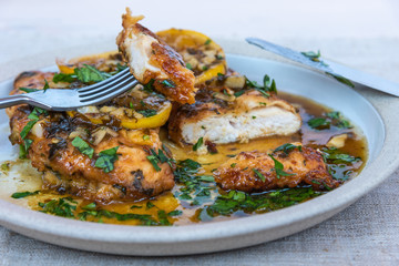 Chicken francese - fried chicken breast with lemon slices and delicious sauce on a white plate close-up, top view