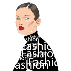 Beautiful Woman Wearing Black Turtleneck. Glamour fashion beauty woman face illustration in ink style. Vector illustration. Print with the fashion