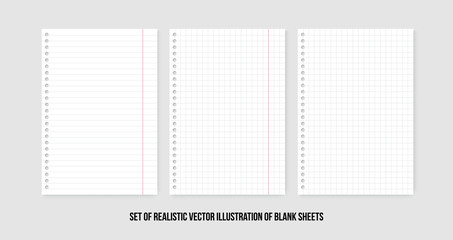 Set of realistic vector illustration of blank sheets of square and lined paper from a block. Easily editable mockup vector.