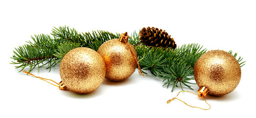 Christmas decoration golden yellow balls with fir cones and fir tree branches isolated