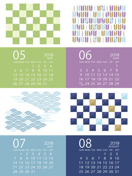Calendar template for 2019 year. May, June, July, August