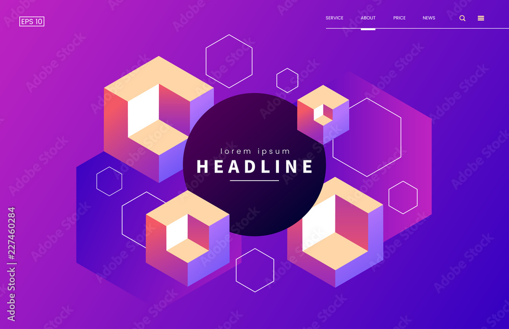 Poster Abstract colorful web background. 3d Geometric shapes on gradient background. Minimal banner with isometric cubes and place for text. Use for party flyer, conference invite, ad, landing page.