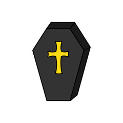Fototapeta premium Hand drawn spooky coffin vector illustration. Halloween vampire casket with yellow, gold cross, isolated.