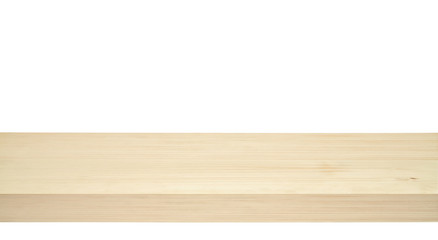 Empty maple table edge at from low angle on white background including clipping path
