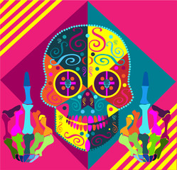 Colorful skull icon with middle fingers up, backgroud 