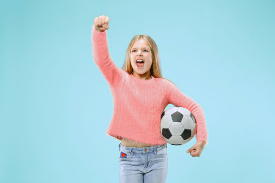 Fan Sport Girl Holding Soccer Ball Isolated On Blue Studio Background