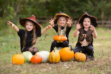 Group of happy kids in carnival costumes with Halloween pumpkin  at country farm on warm autumn day.