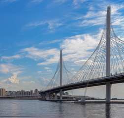 Cable-stayed bridge over Neva river on Western Rapid Diameter highway in St. Petersburg, Russia.