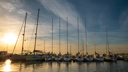 Yachts and boats docked at the harbor Molo of Sopot. Poland