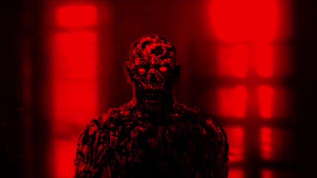 Grim zombie apocalyptic face. Animation in horror fantasy genre. Gloomy animated short film. Evil demon with luminous eyes. Scary ghost in haunted castle. Dead man in room. Red and black background.