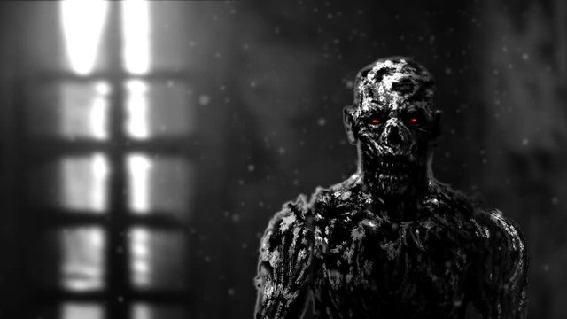 Grim zombie apocalyptic face. Animation in genre of horror.