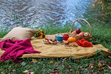  Basket with Food Bakery Autumn Picnic  Time Rest Background © milenie