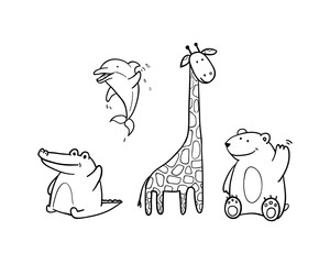 vector funny animals for zoo. black and white crocodile, Dolphin, giraffe and bear