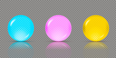 Three realistic transparent spheres or balls in different shades of blue, pink and yellow green colors with reflections. Vector illustration eps10