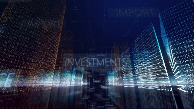 Looping 3D Animation Fly-through Of Digital City With Financial Terms Like Bank, Investment And Currency