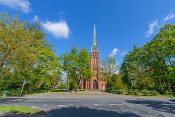 Fototapeta na wymiar View of the Ohmsteder Kirche, Oldenburg, Germany. Copy space for text.