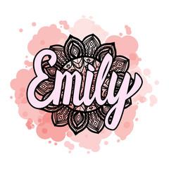 Lettering Female name Emily on bohemian hand drawn frame mandala pattern and trend color stained. Vector illustration fashion style print isolated on white background.