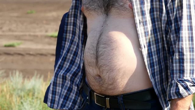 Big hairy belly of a man from under a plaid shirt. A male farmer stands in the field.